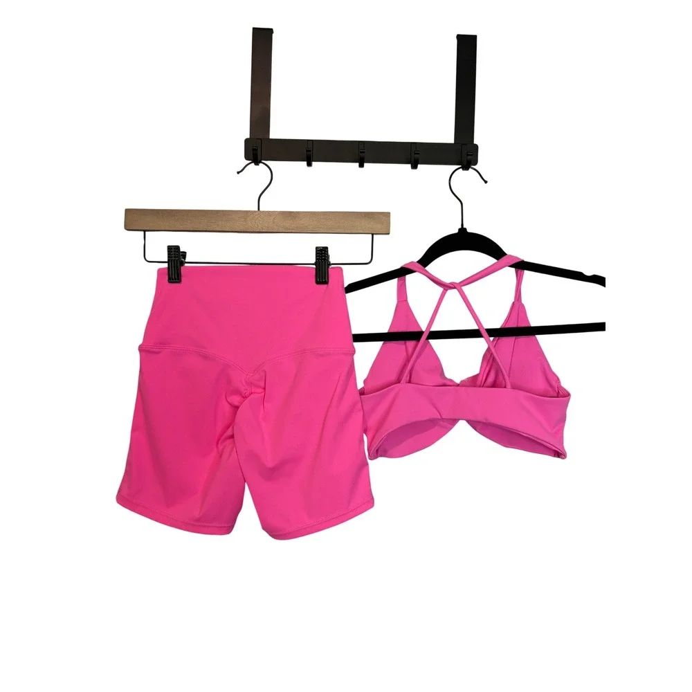 Pink Activewear Set Biker Shorts & Strappy Sports Bra Size S